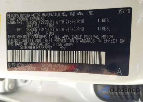 2019 Toyota Highlander Xle from USA, damaged, VIN 5TDKZRFH1KS565857